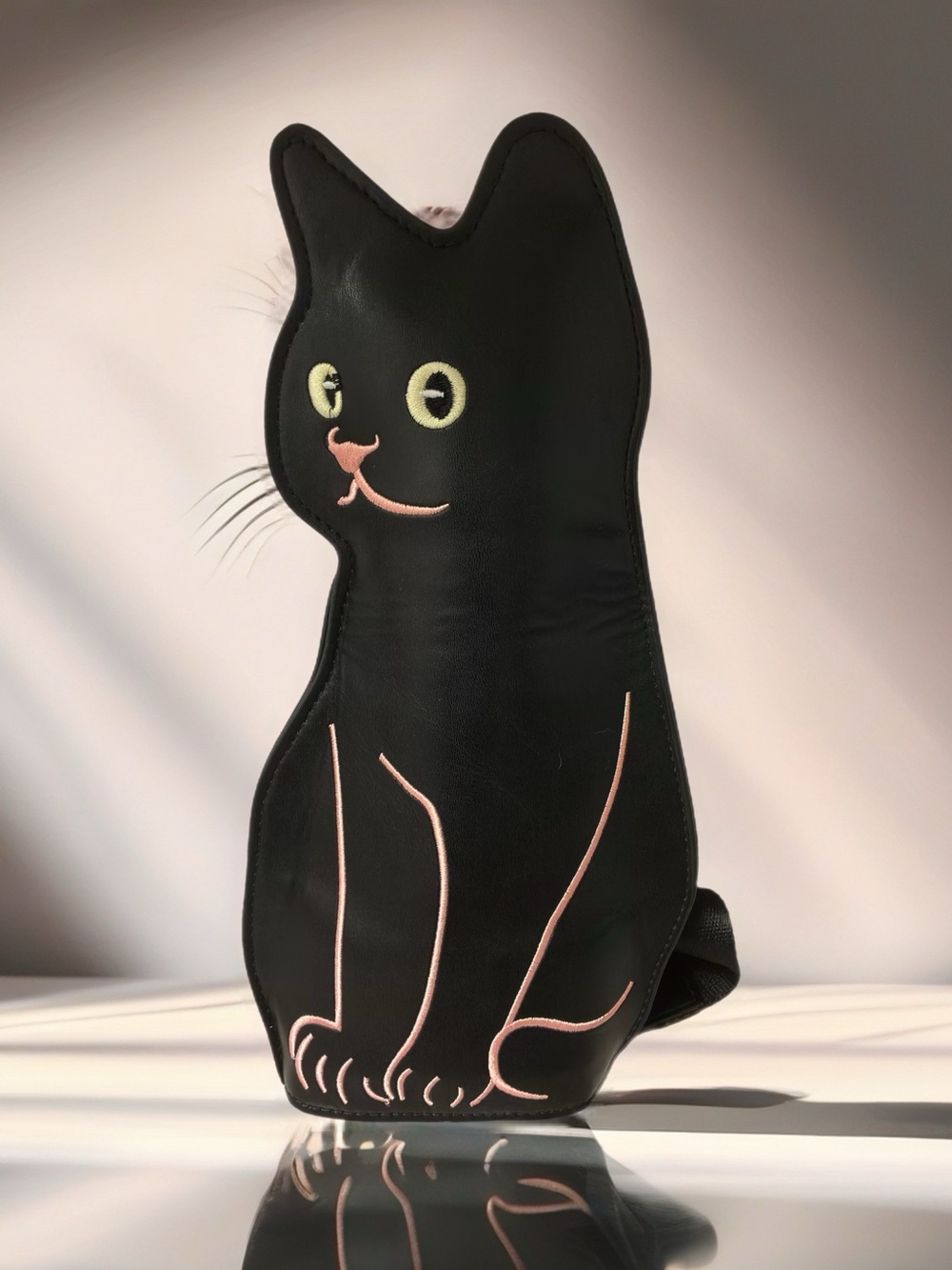 Black Cat-Shaped Bag with Pink Stitching